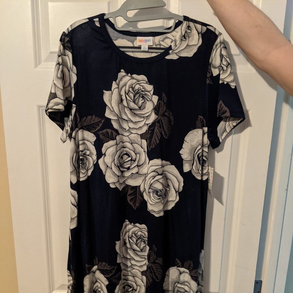 Dark Blue High Low Dress w White Roses,Gray Leaves